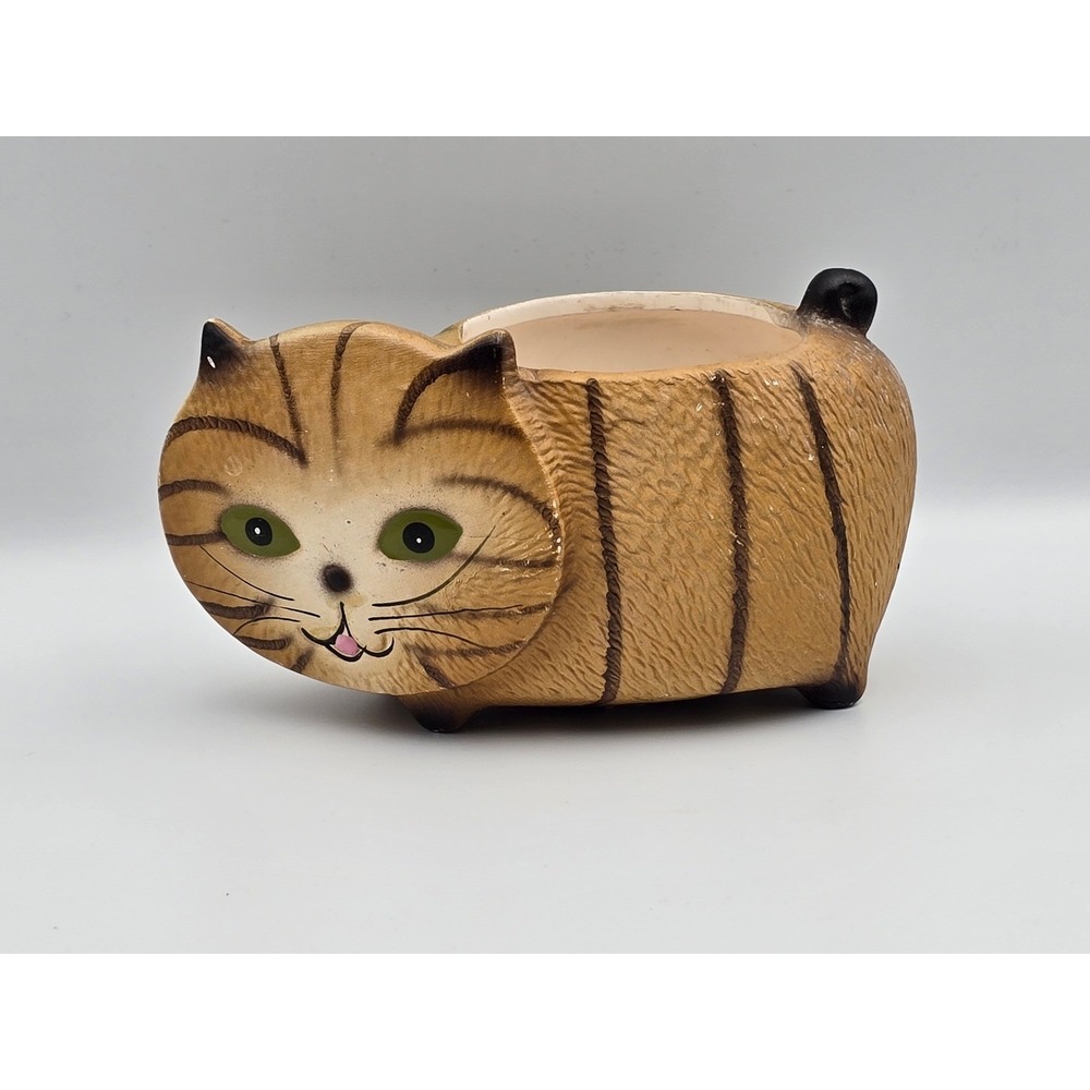 Cute Cat Planter Ceramic Brown Tabby Whiskers Green Eyes Tail Pot Home Decor‎